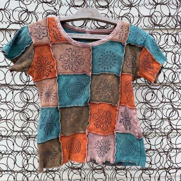 Y2K Boho Hippie Nepal Block print rib patch-work t-shirt LARGE - Picture 1 of 6